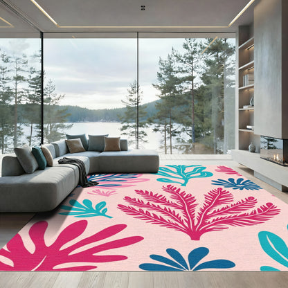 Vibrant Teal Pink Leafy Botanical Rug