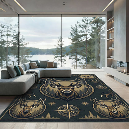 Majestic Elk Forest Compass Gold Emblem Rug