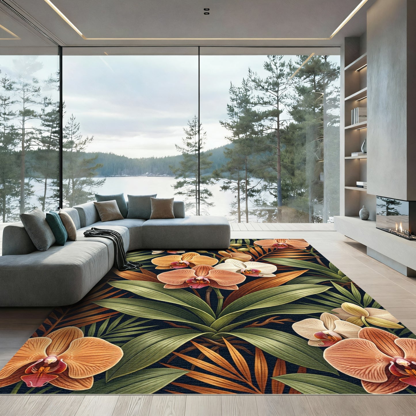 Tropical Sunset Orchid and Palm Leaf Rug