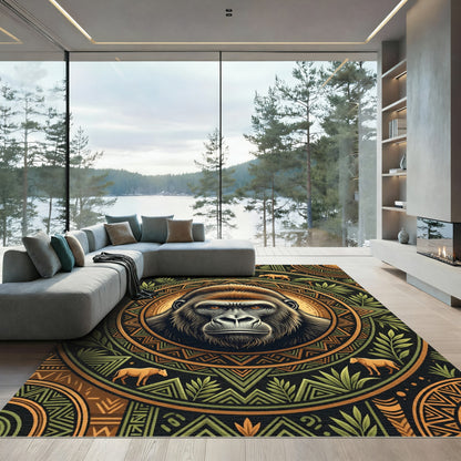 Majestic Tribal Gorilla Earthy Jungle Medallion Rug