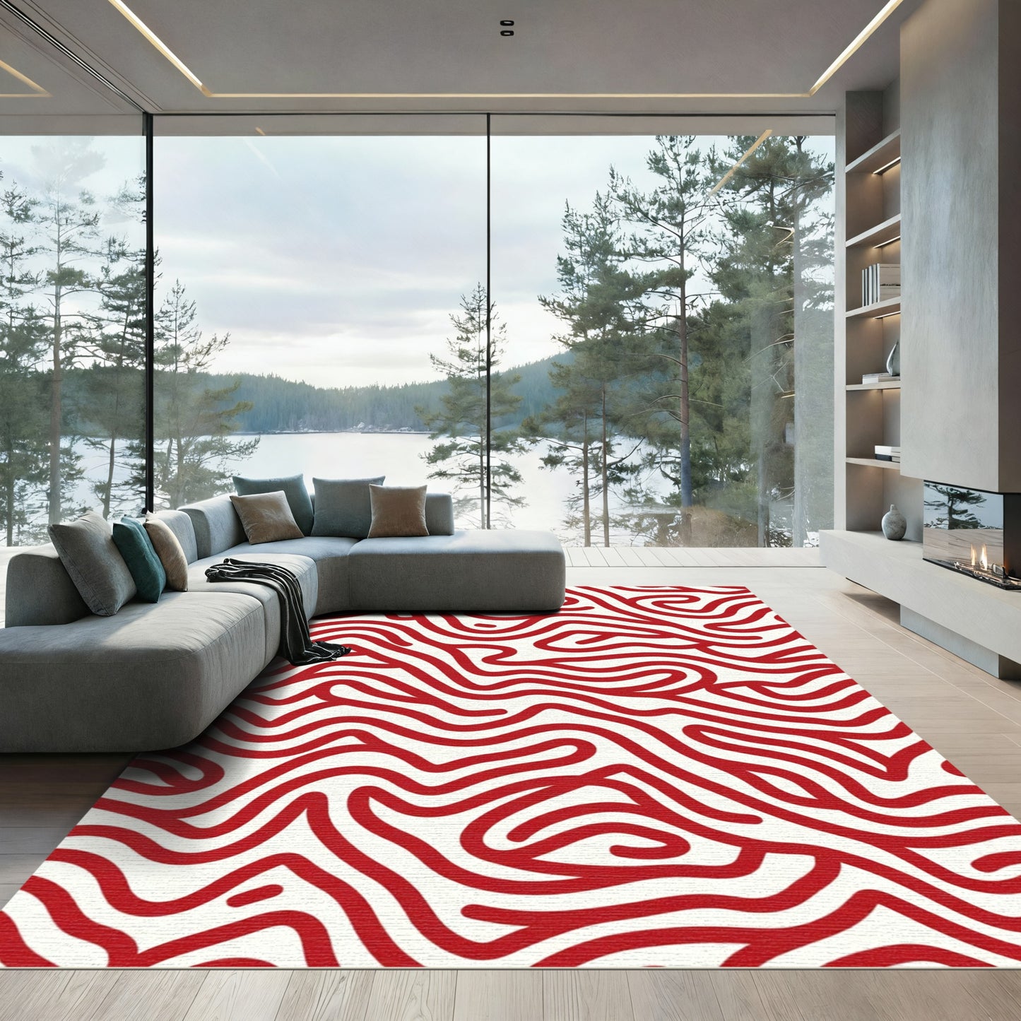 Crimson Flowing Abstract Wavy Rug