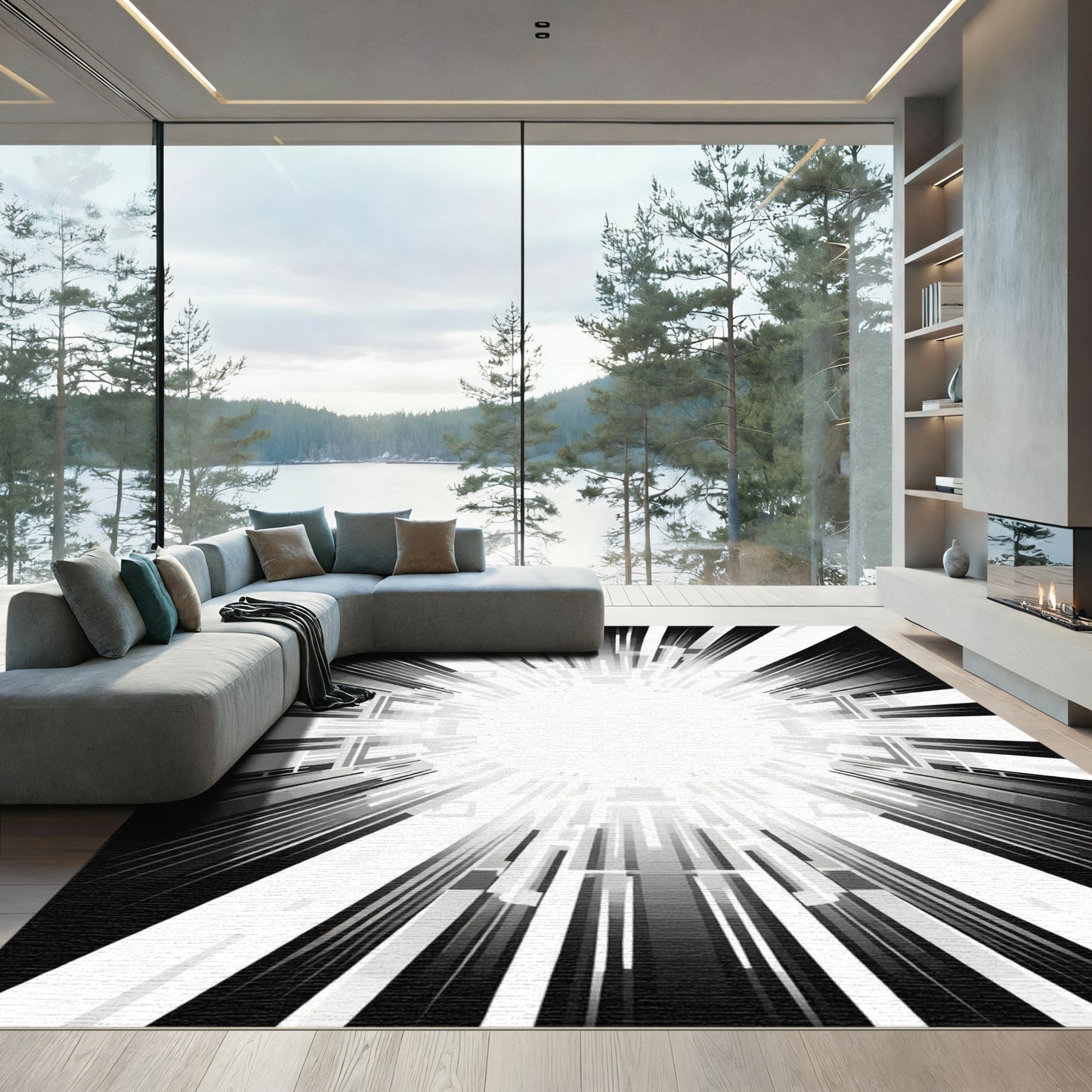 Radiating Black and White Geometric Starburst Rug