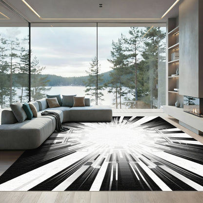 Radiating Black and White Geometric Starburst Rug
