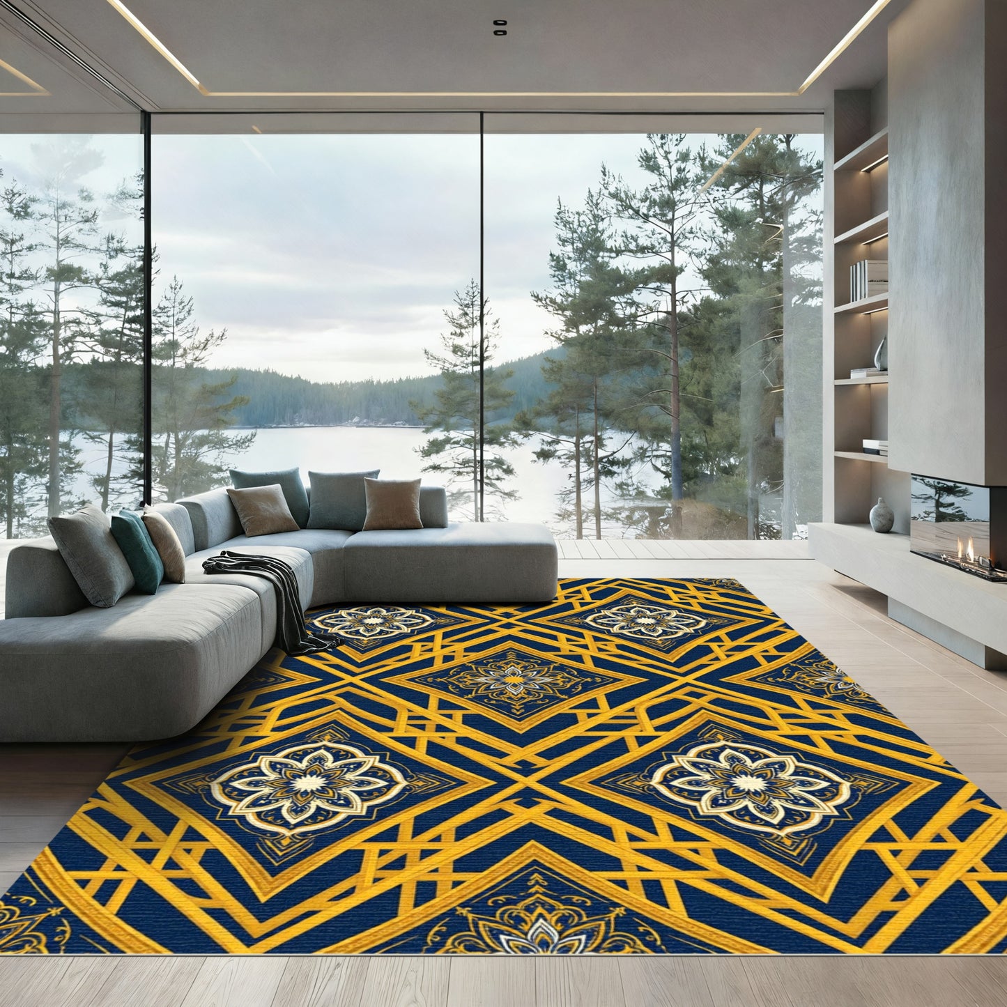 Gold Geometric Floral Navy Medallion Rug