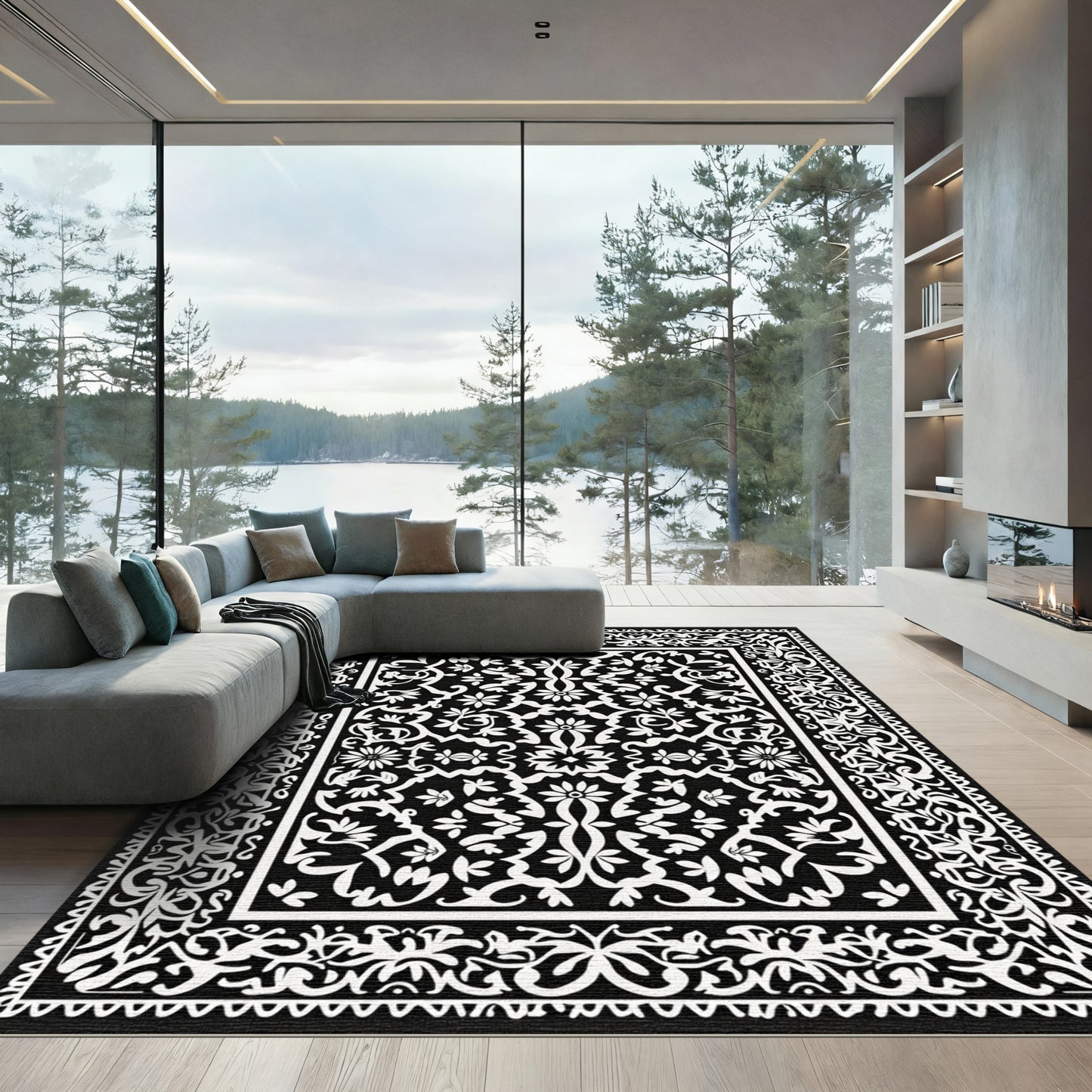 Monochromatic Ornate Floral Lace Rug
