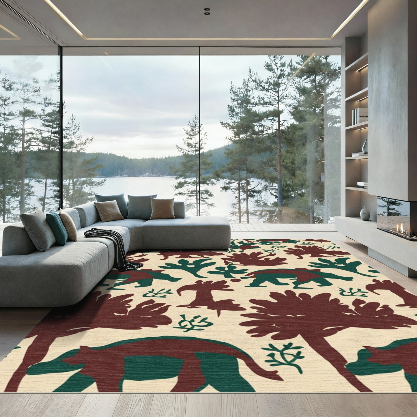 Brown Green Animal Silhouette Landscape Rug