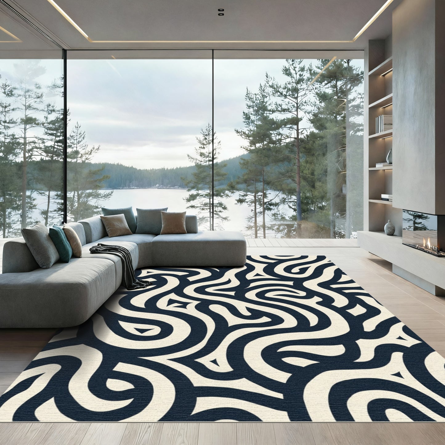 Cream Navy Labyrinth Flow Rug