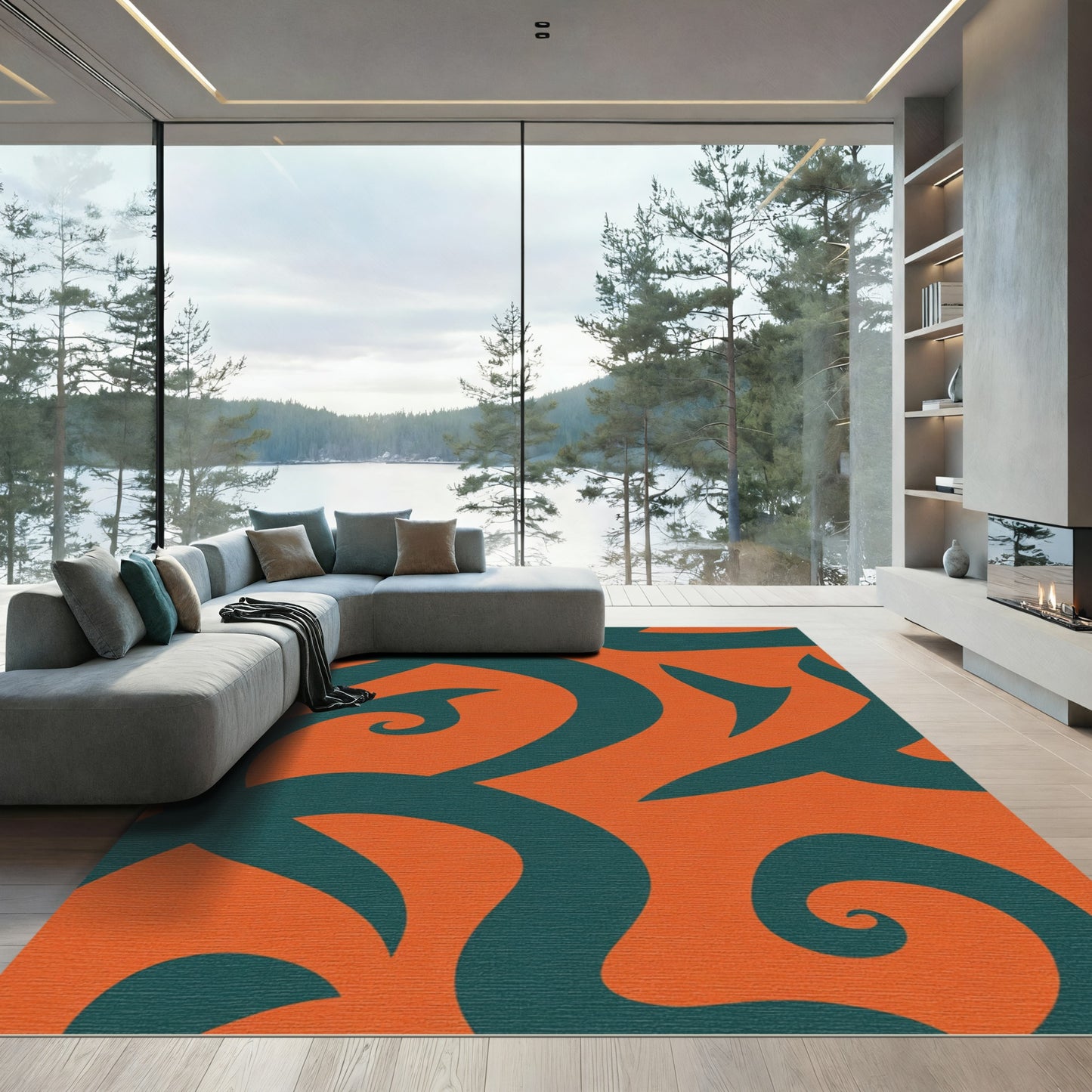 Teal Swirl Orange Abstract Rug
