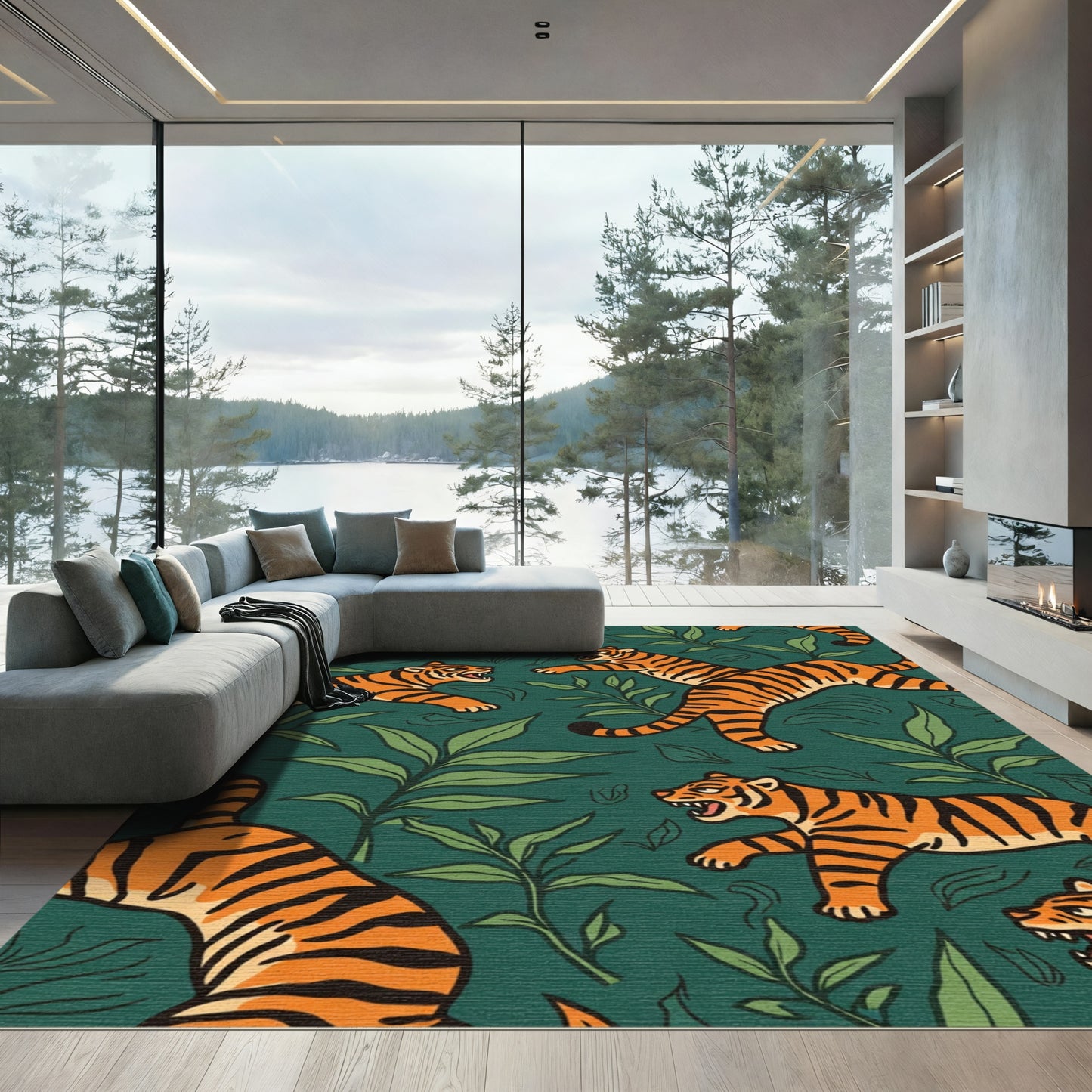 Orange Tigers Green Foliage Jungle Rug