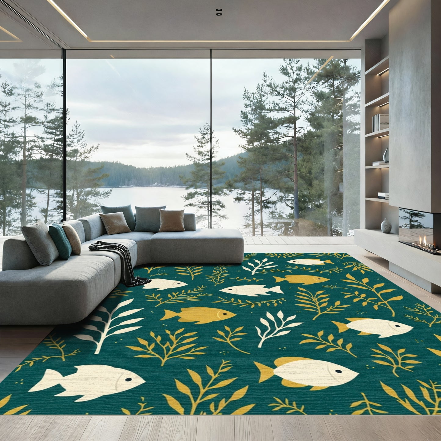 Golden Fish Aquatic Woodland Scene Rug