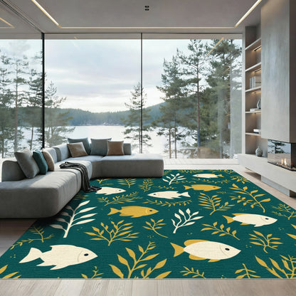 Golden Fish Aquatic Woodland Scene Rug