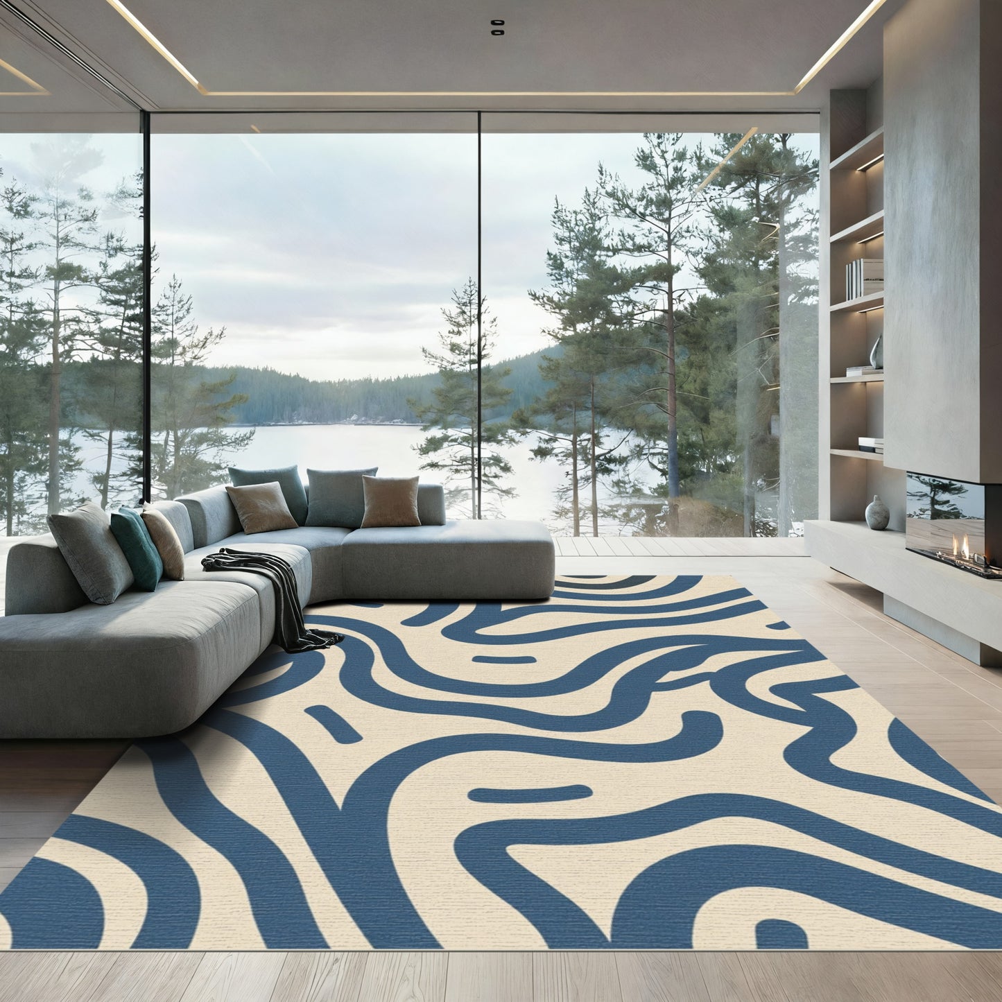 Deep Blue Wavy Lines Beige Background Rug