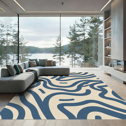 Deep Blue Wavy Lines Beige Background Rug