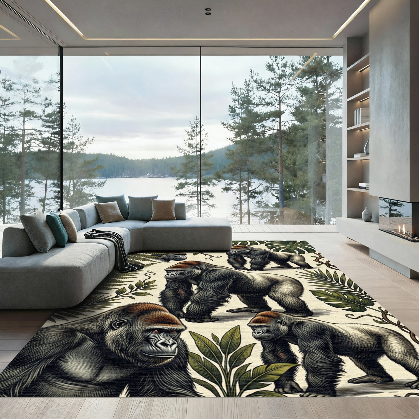 Botanical Jungle Silverback Gorilla Illustration Rug