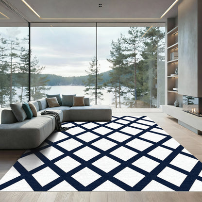 Bold Navy Geometric Diamond Grid Rug