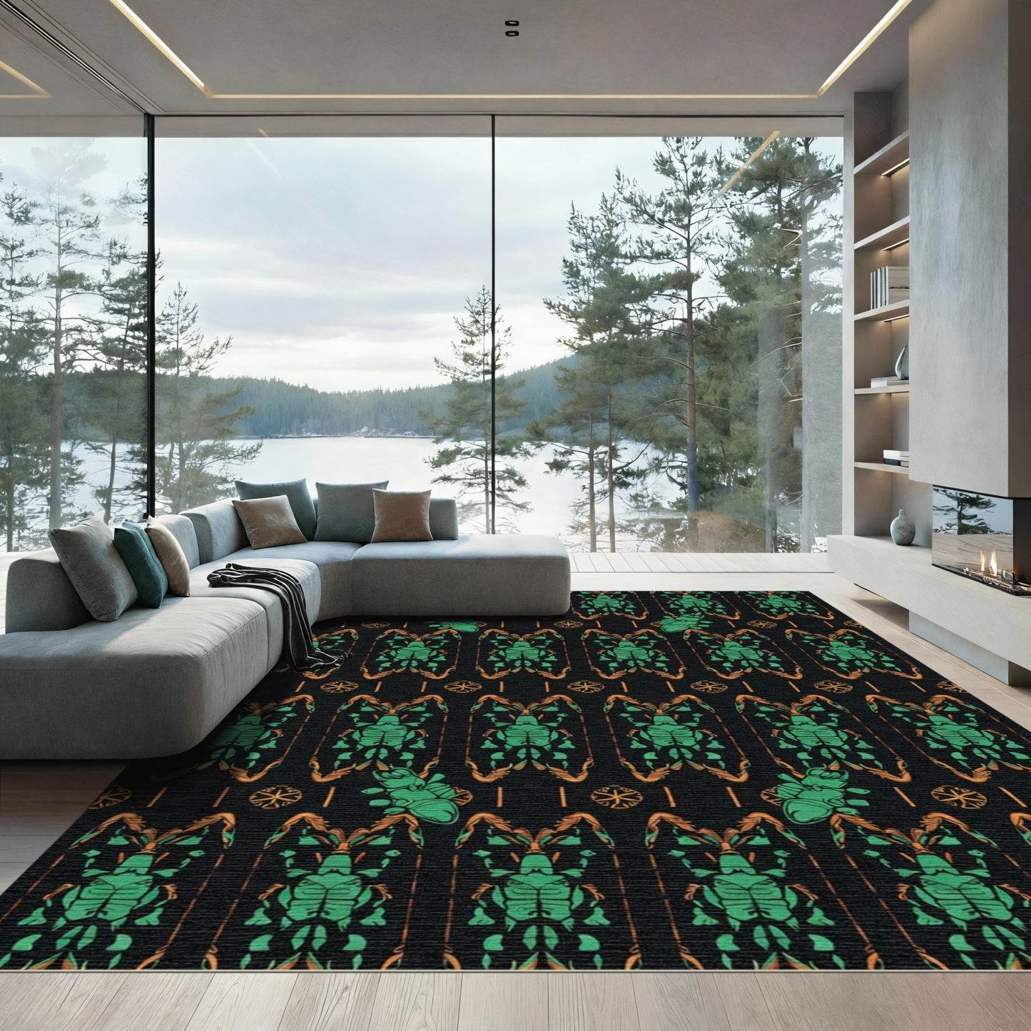 Emerald Scarab Black Folk Art Rug