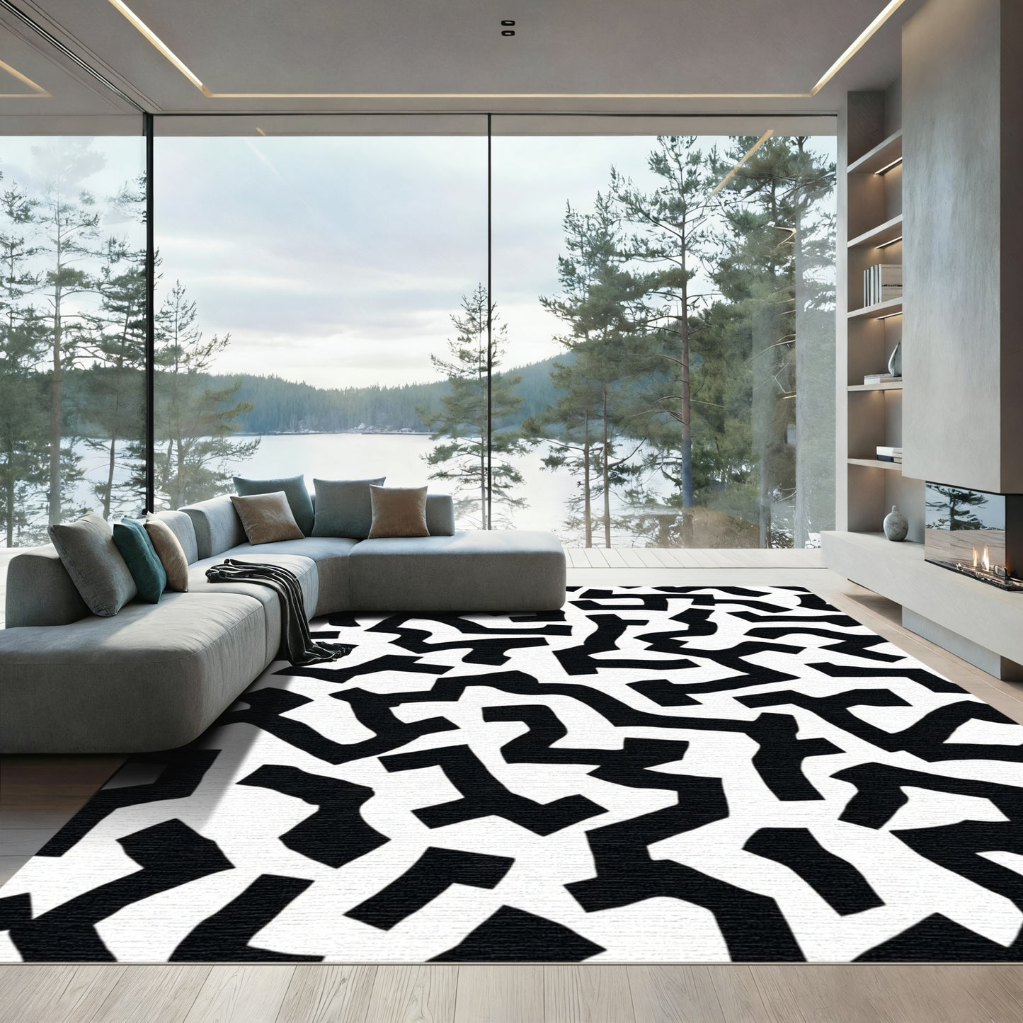 Abstract Black White Labyrinth Rug