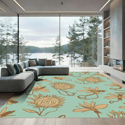 Aqua Tan Floral Line Art Rug