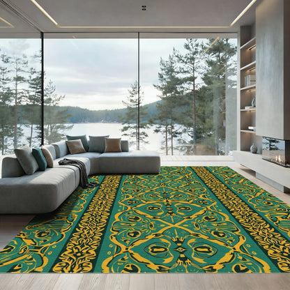 Emerald Gold Ornate Border Stripe Rug