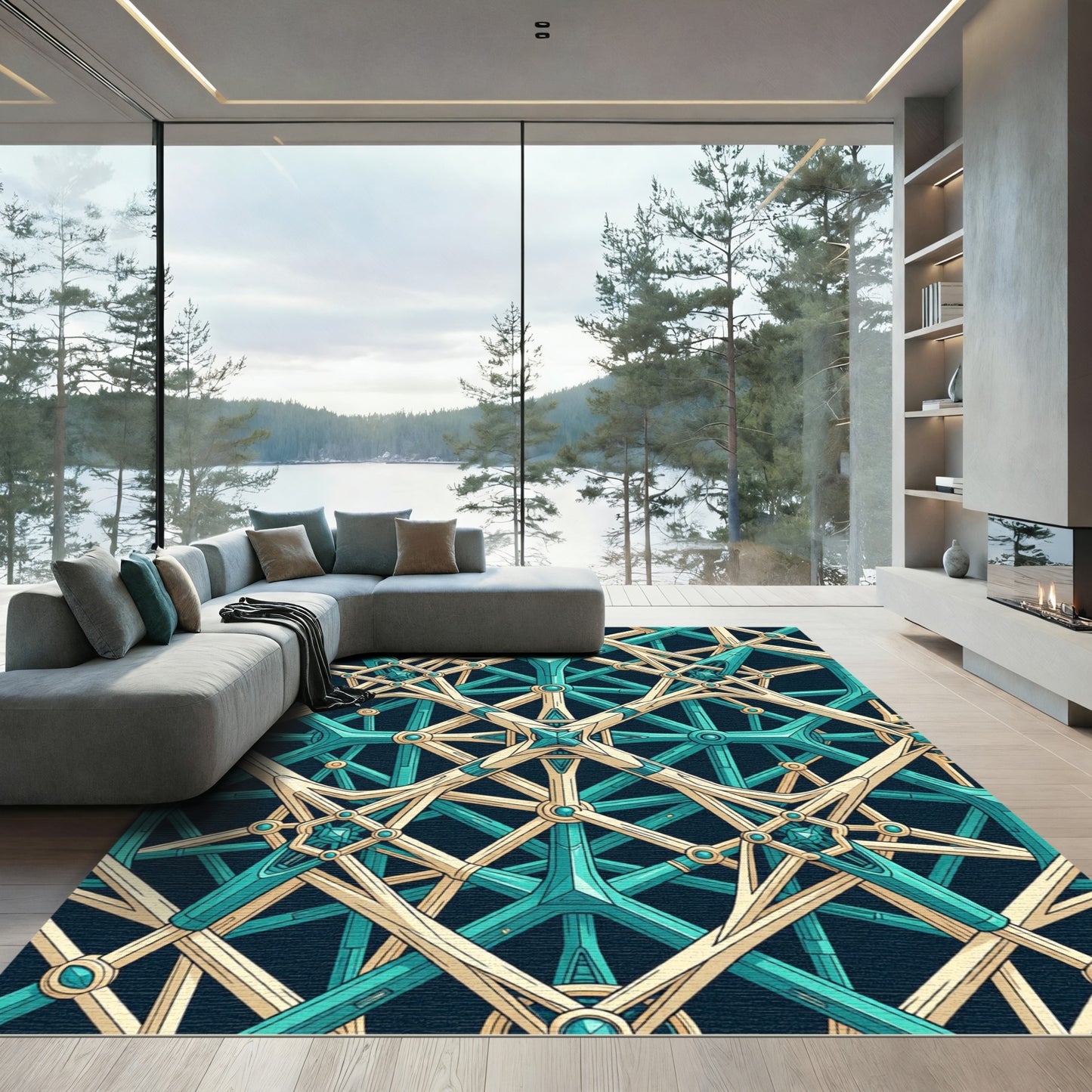 Geometric Teal and Gold Interlocking Structure Rug