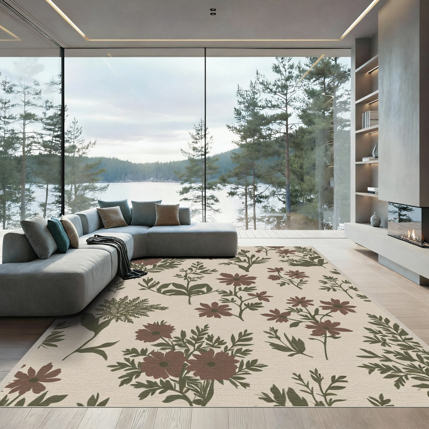 Earthy Red Floral Branch Composition Rug