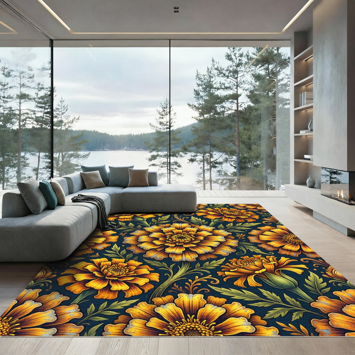 Vibrant Golden Marigold Floral Medallion Rug