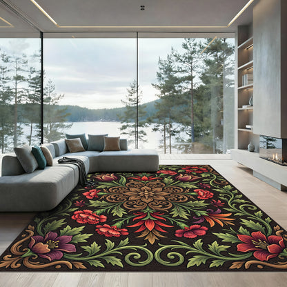 Dark Floral Medallion with Vivid Blossoms Rug
