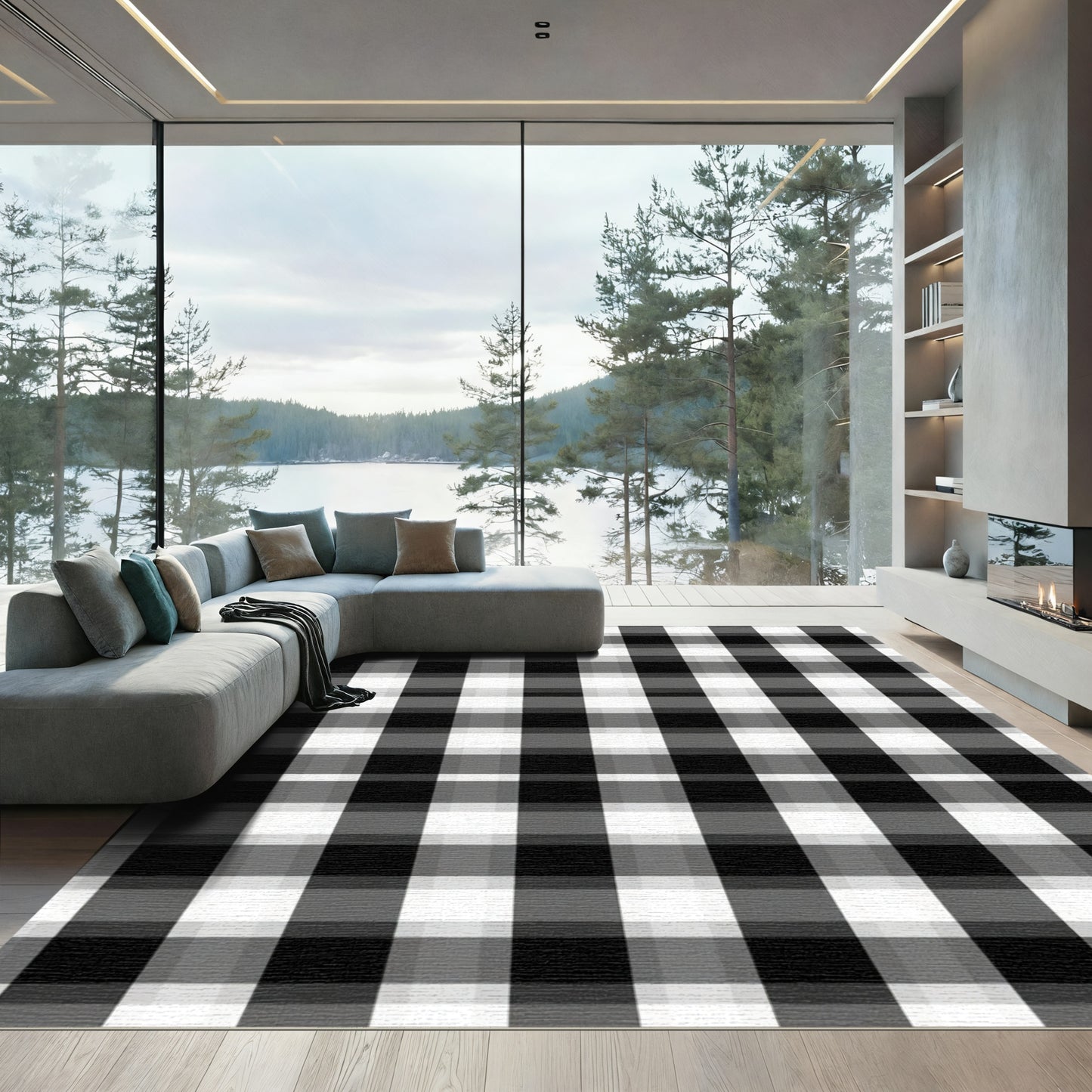 Rustic Black White Plaid Squares Rug