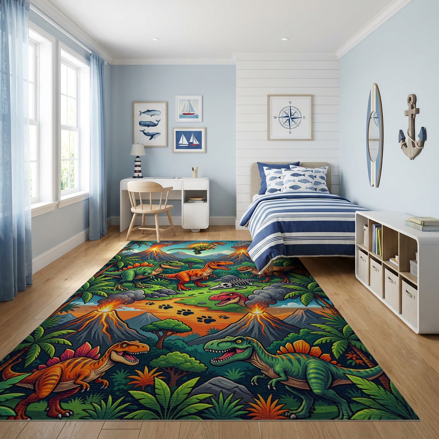 Vibrant Dinosaur Volcano Jungle Rug