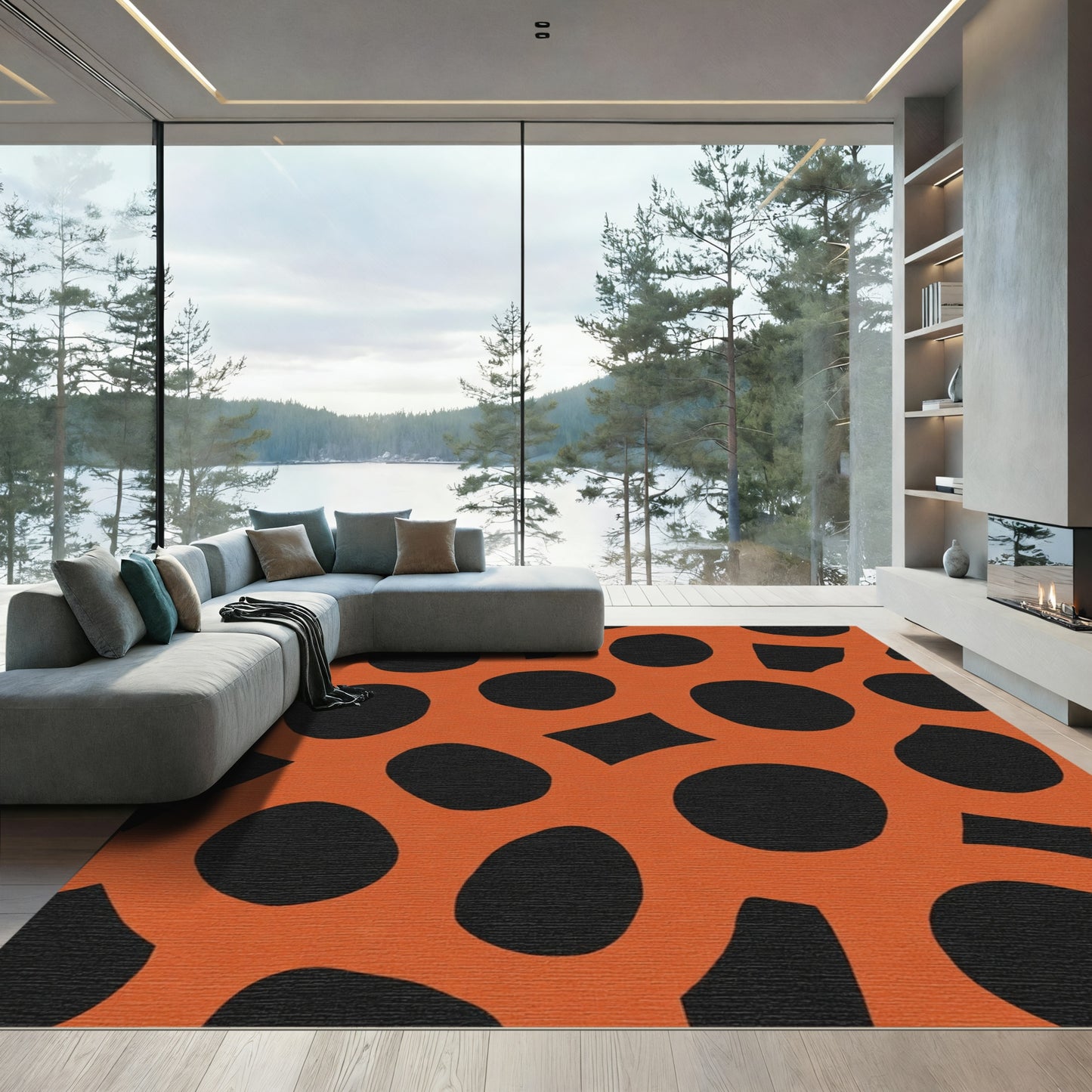 Bold Orange Black Abstract Circles Rug