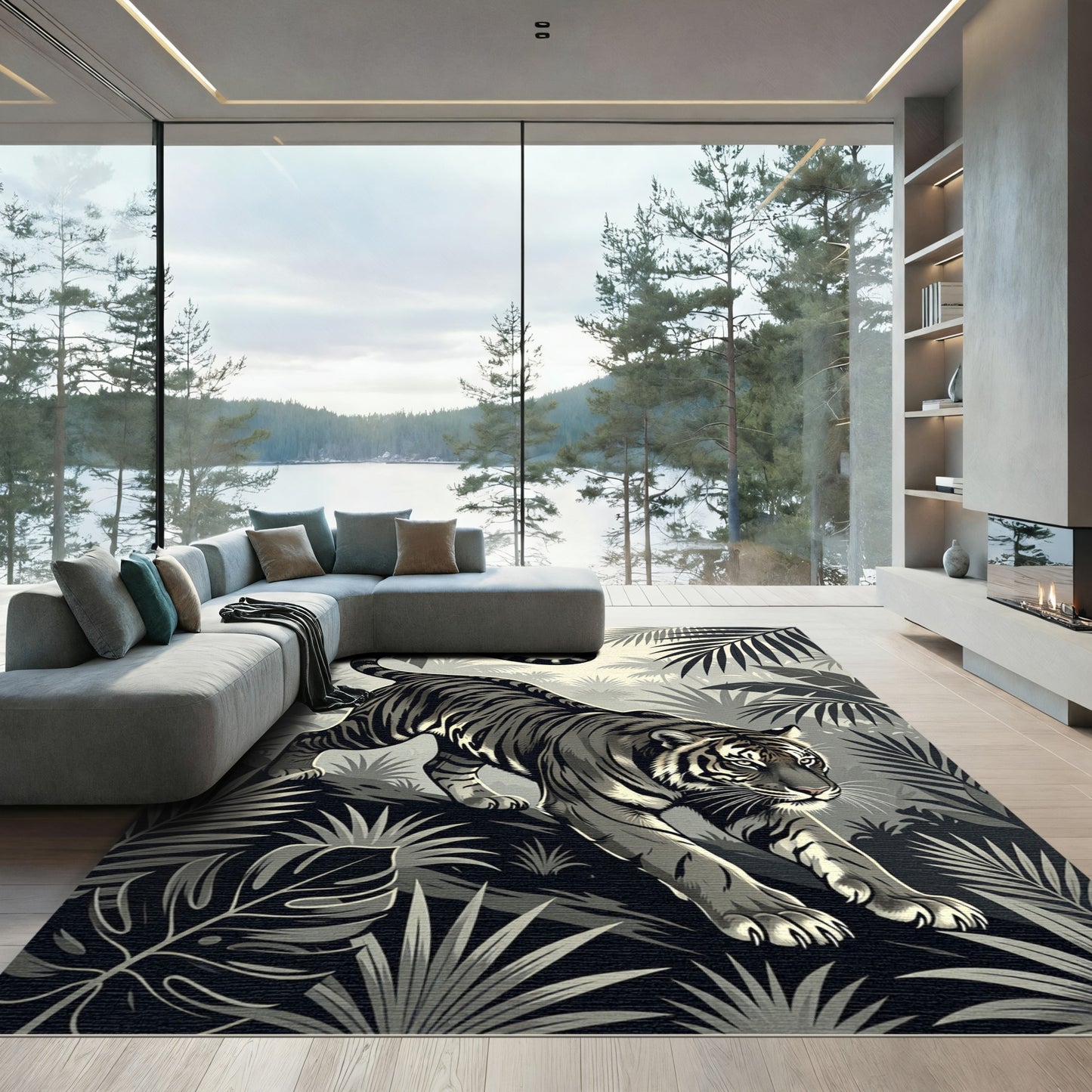 Monochromatic Jungle Tiger Tropical Foliage Rug