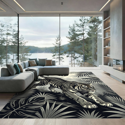Monochromatic Jungle Tiger Tropical Foliage Rug