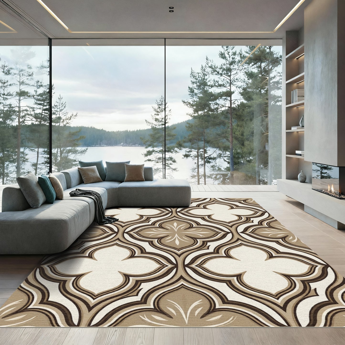 Elegant Taupe Neutral Quatrefoil Tile Rug