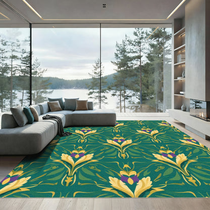 Emerald Teal Golden Floral Scroll Rug
