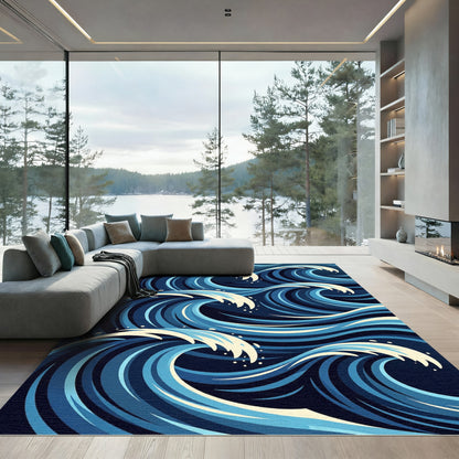 Dynamic Navy Blue Abstract Ocean Wave Rug