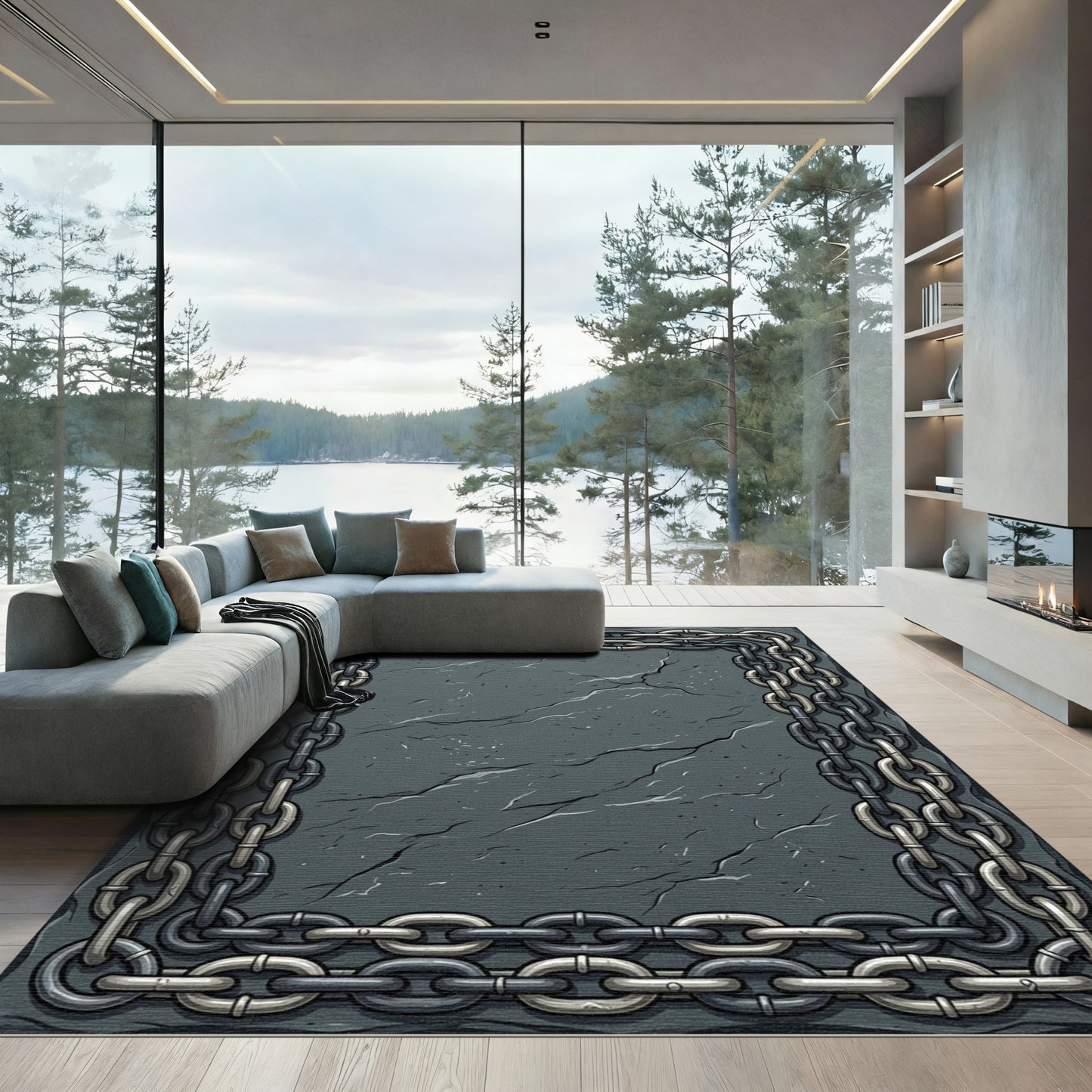 Gray Industrial Chain Border Rug