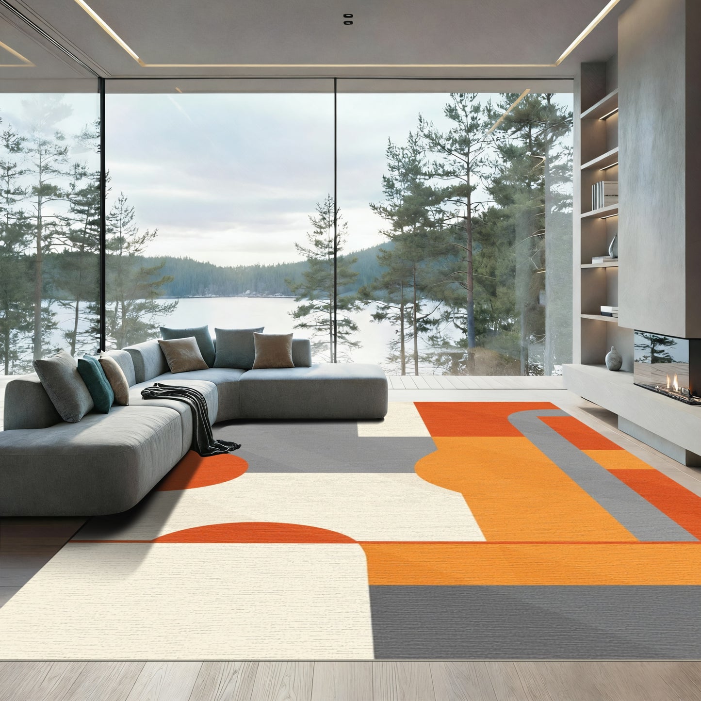Geometric Orange Cream Gray Blocks Rug