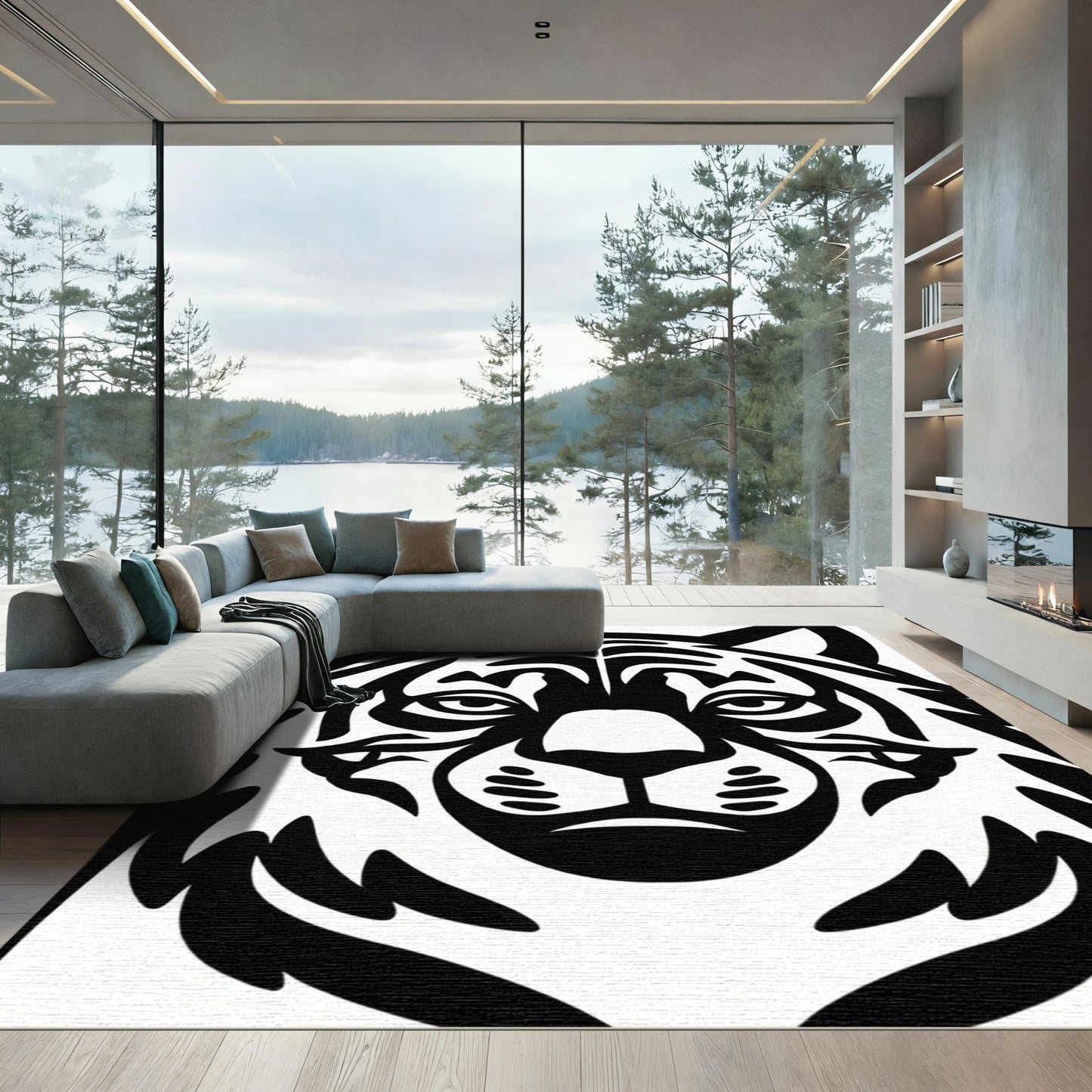 Bold Black White Tiger Face Rug
