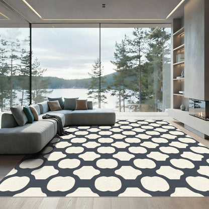 Cream Blue Interlocking Geometric Lattice Rug