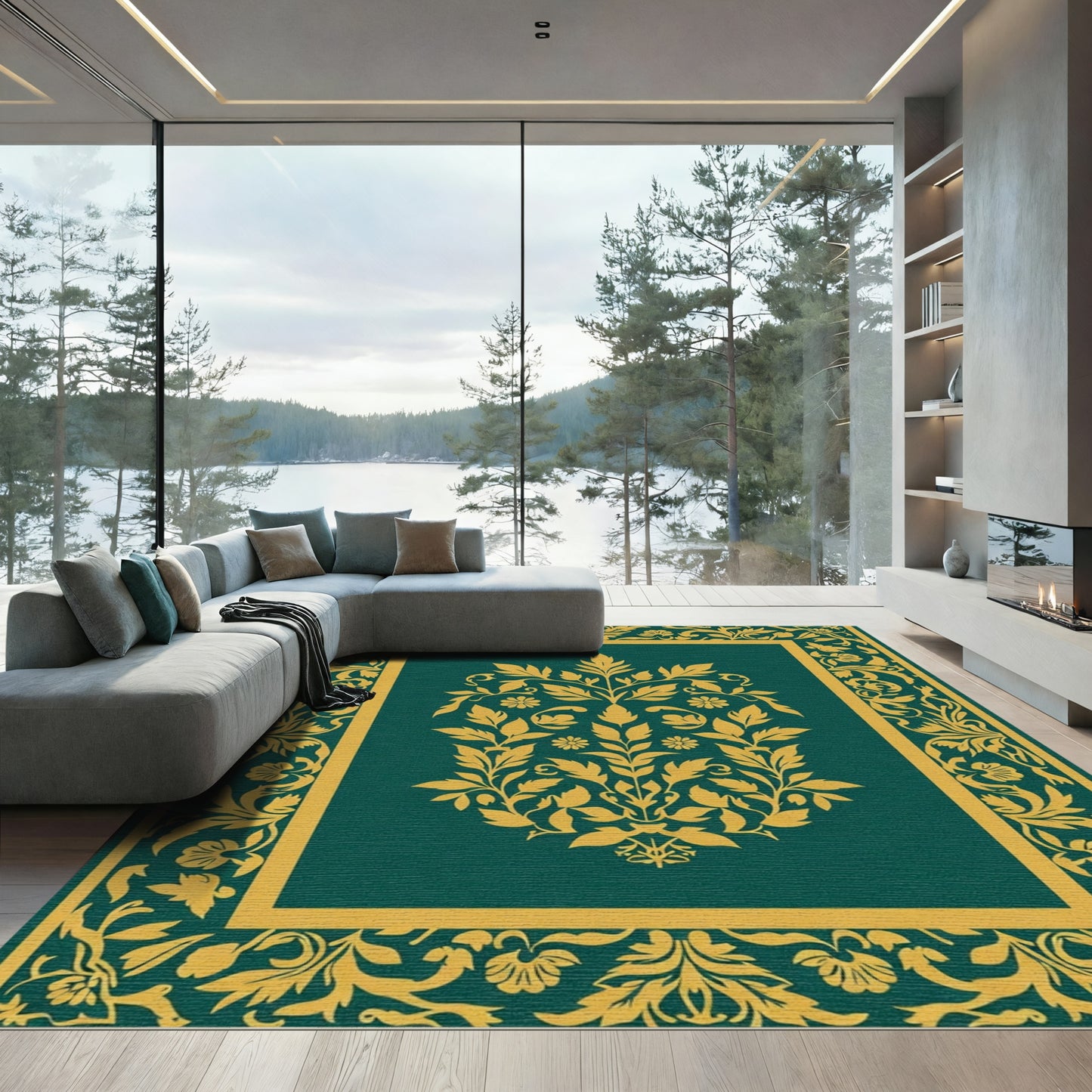 Emerald Green Golden Floral Border Rug