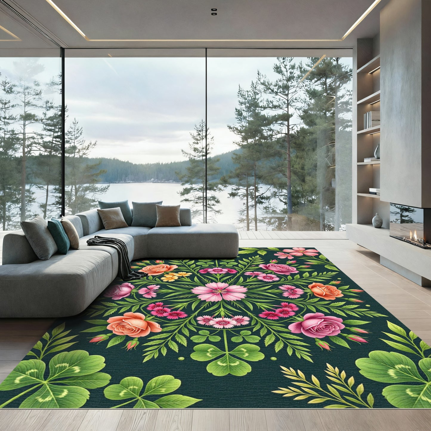 Symmetrical Botanical Rose and Clover Medallion Rug