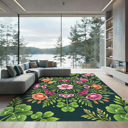 Symmetrical Botanical Rose and Clover Medallion Rug