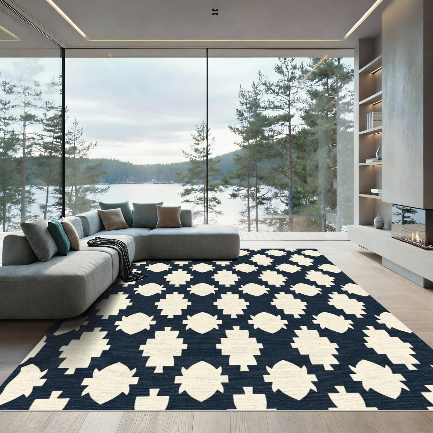 Cream on Navy Blue Geometric Shapes Rug