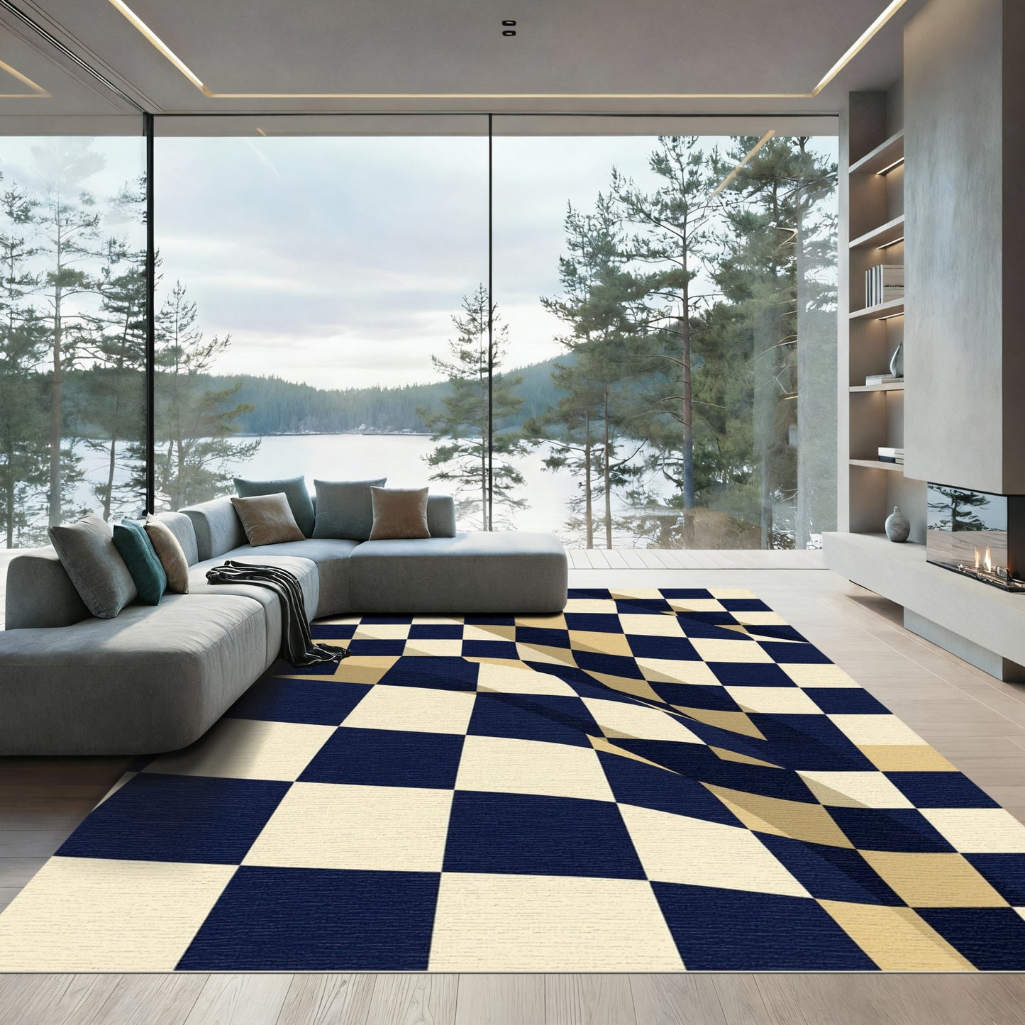 Navy Cream Checkered Grid Rug