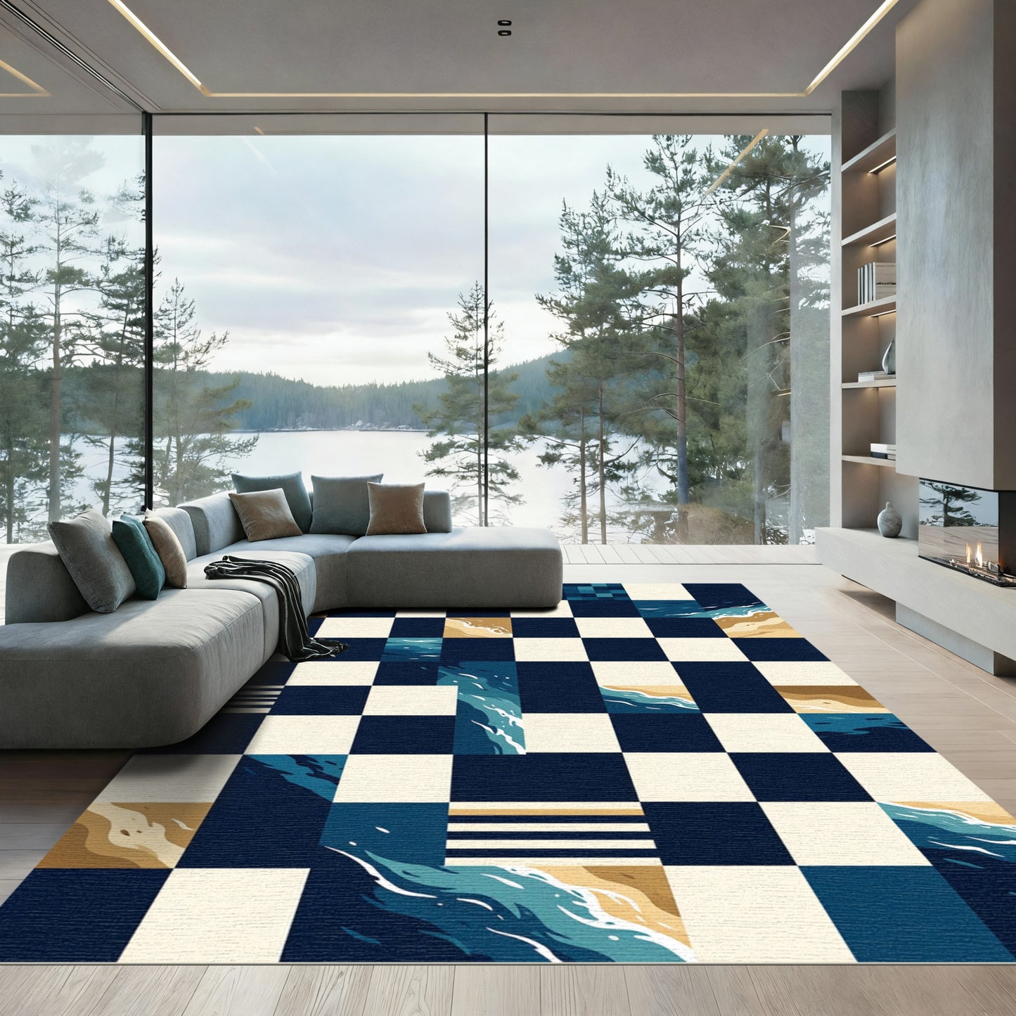 Modern Navy Checkerboard Abstract Ocean Wave Rug