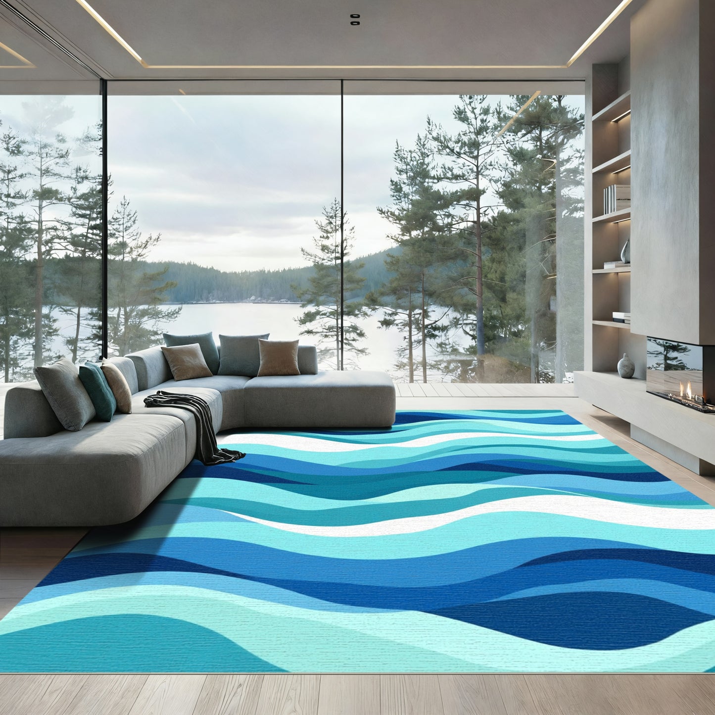 Blue Aqua Ocean Layered Waves Rug