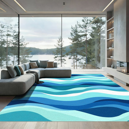 Blue Aqua Ocean Layered Waves Rug