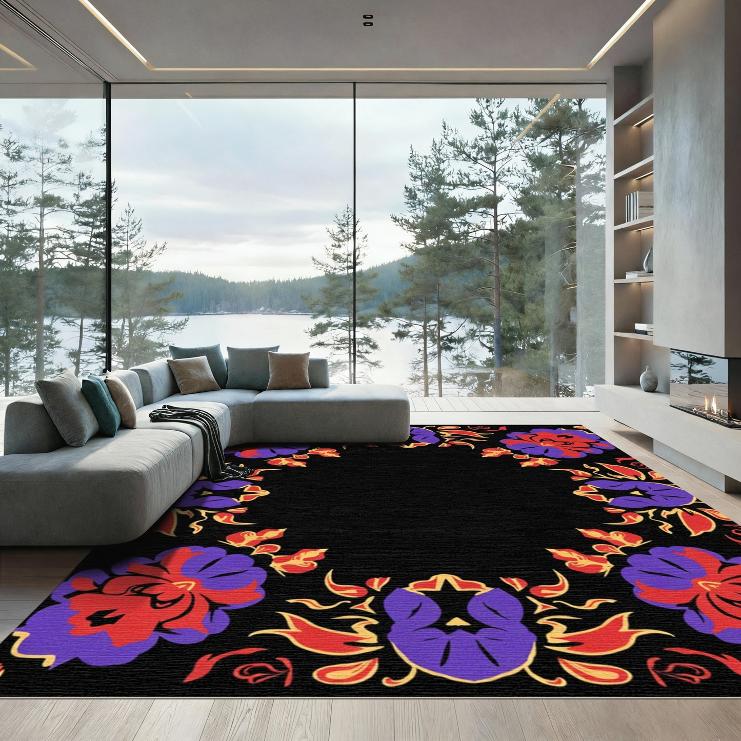 Crimson Purple Floral Medallion Frame Rug