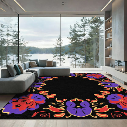 Crimson Purple Floral Medallion Frame Rug