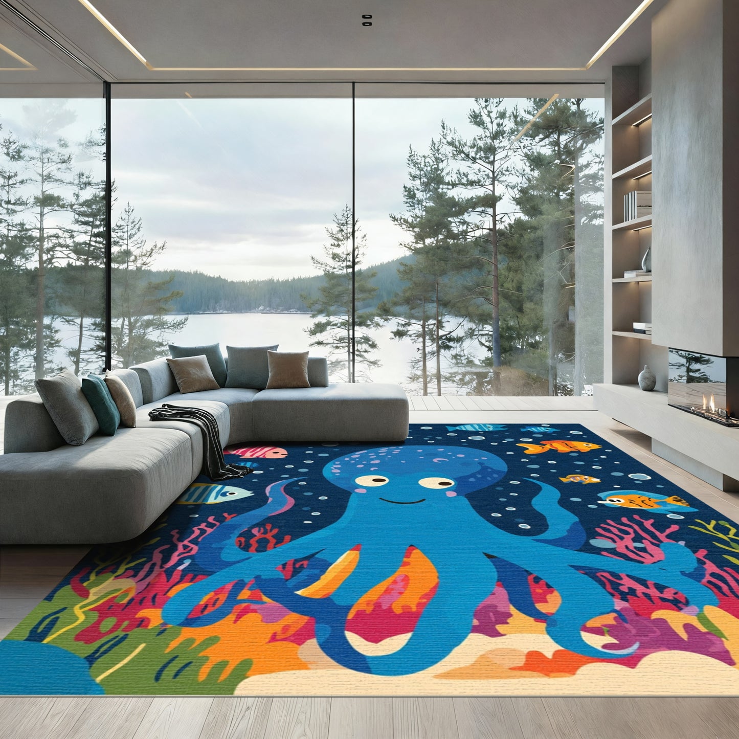 Blue Octopus And Colorful Fish Ocean Rug